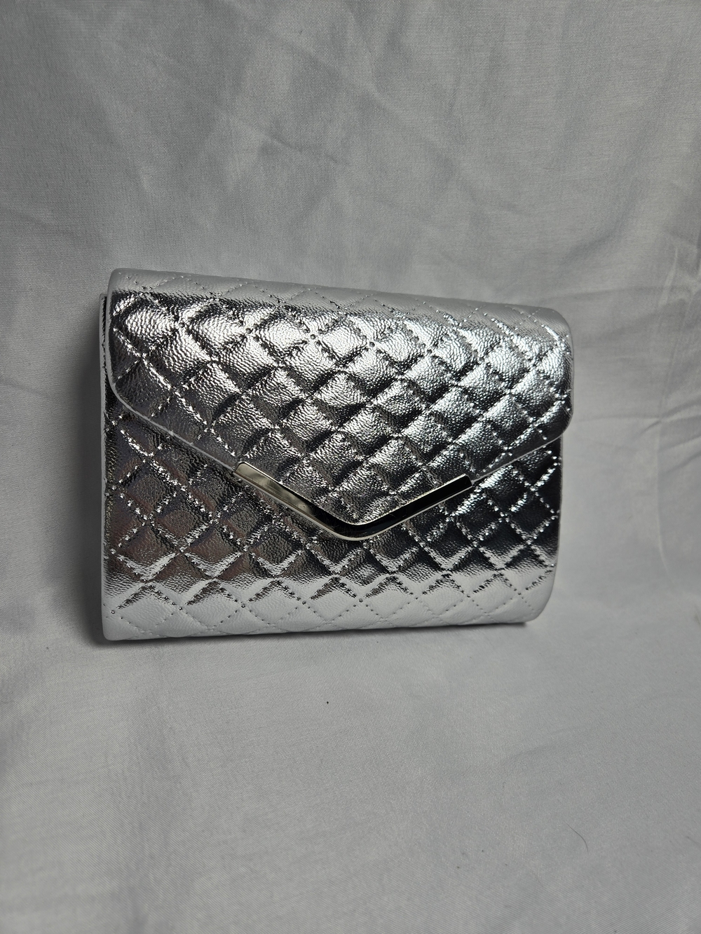 Silver Quilted Envelope Clutch with Metallic Accent